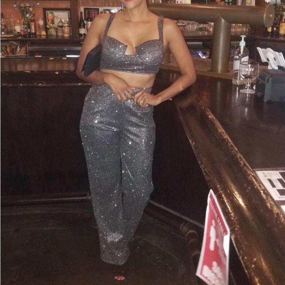 Ladies two piece Eye Candy Couture crop top shimmer pants set.
